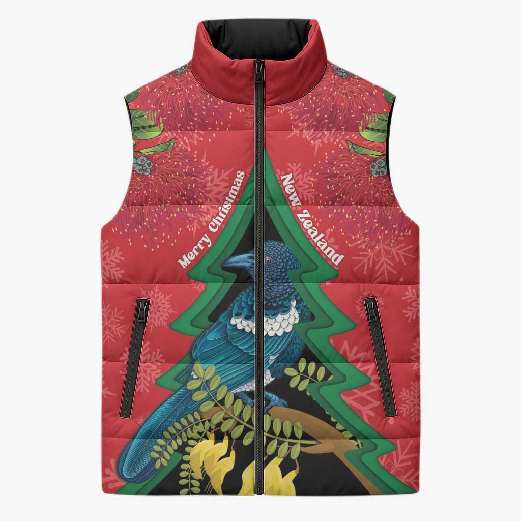 New Zealand Christmas In July Sleeveless Puffer Jacket Kowhai Tui Bird With Pohutukawa - Red LT14 Unisex Red - Polynesian Pride
