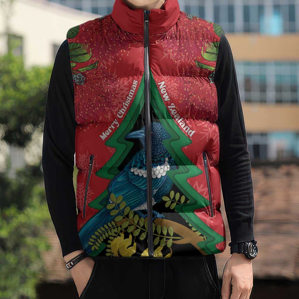 New Zealand Christmas In July Sleeveless Puffer Jacket Kowhai Tui Bird With Pohutukawa - Red LT14 - Polynesian Pride