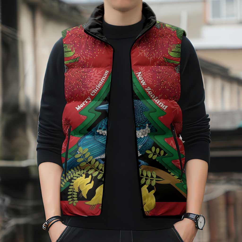 New Zealand Christmas In July Sleeveless Puffer Jacket Kowhai Tui Bird With Pohutukawa - Red LT14 - Polynesian Pride
