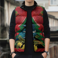 New Zealand Christmas In July Sleeveless Puffer Jacket Kowhai Tui Bird With Pohutukawa - Red LT14 - Polynesian Pride