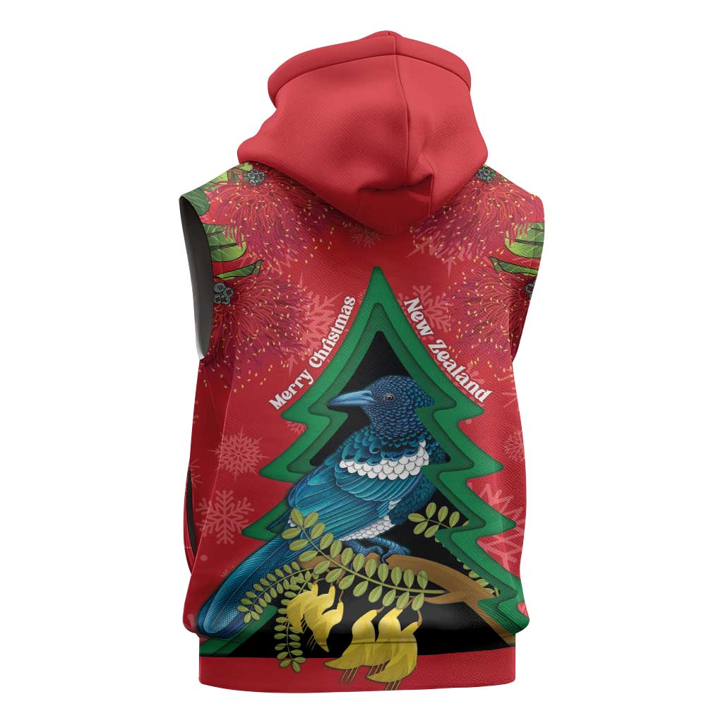 New Zealand Christmas In July Sleeveless Zip Hoodie Kowhai Tui Bird With Pohutukawa - Red LT14 - Polynesian Pride