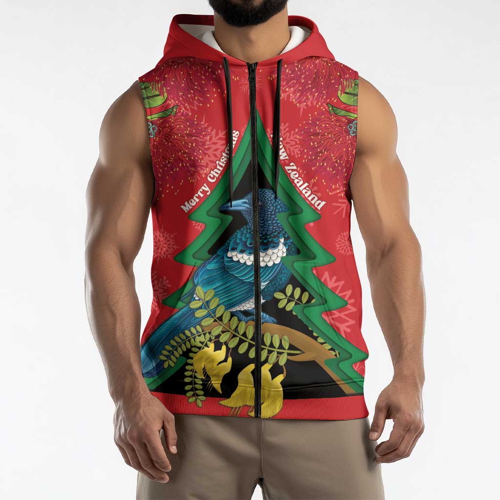 New Zealand Christmas In July Sleeveless Zip Hoodie Kowhai Tui Bird With Pohutukawa - Red LT14 - Polynesian Pride