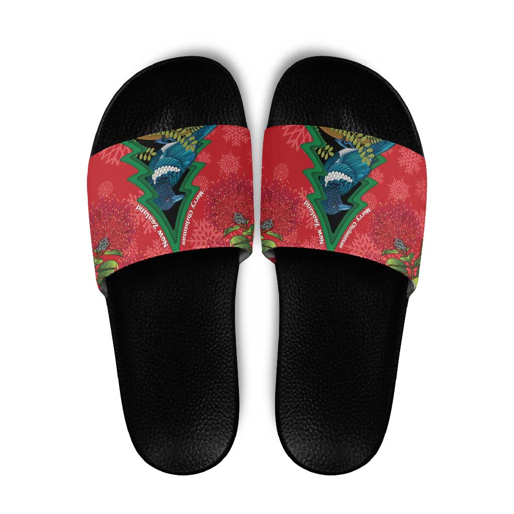 New Zealand Christmas In July Slide Sandals Kowhai Tui Bird With Pohutukawa - Red LT14 Red - Polynesian Pride