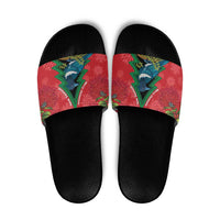 New Zealand Christmas In July Slide Sandals Kowhai Tui Bird With Pohutukawa - Red LT14 Red - Polynesian Pride