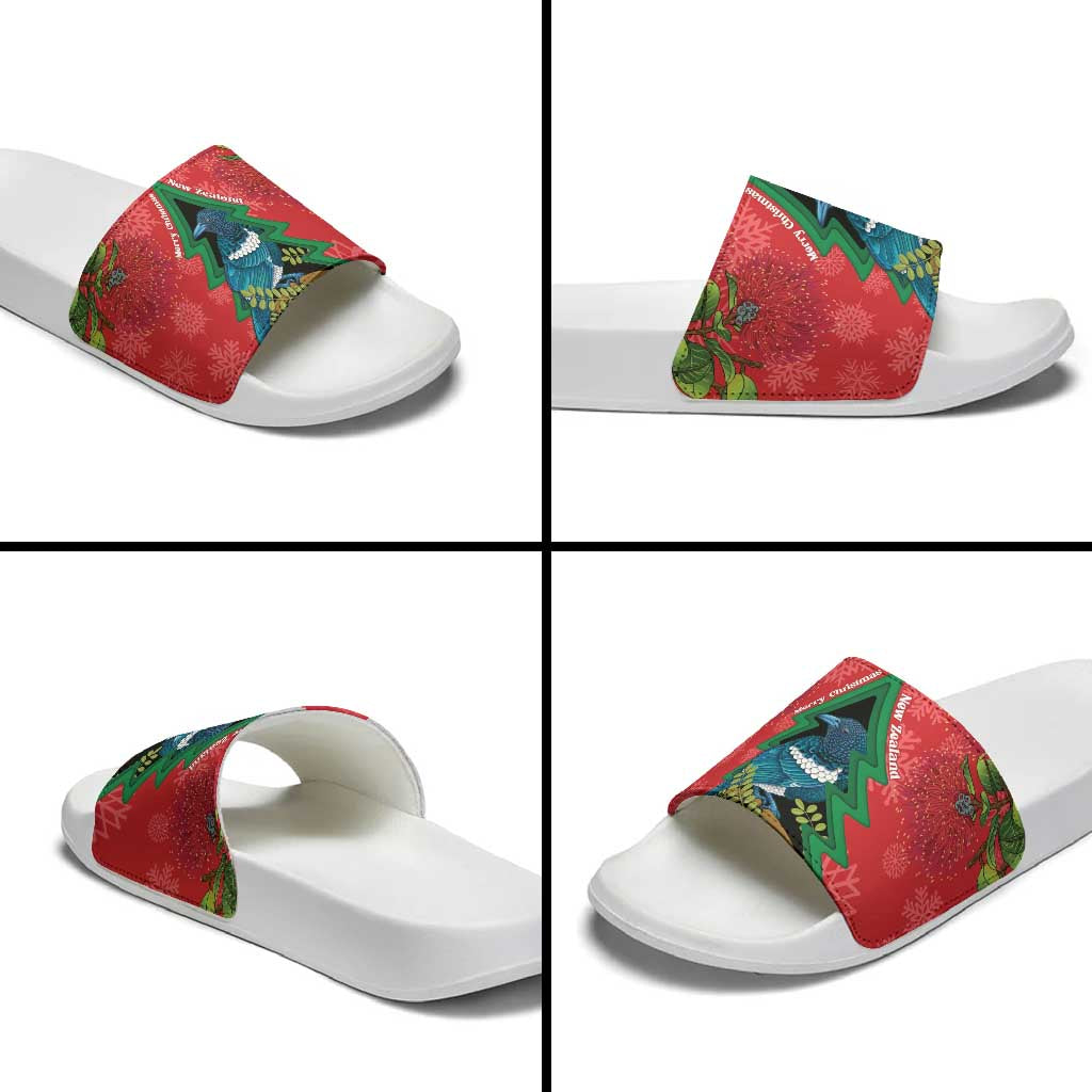 New Zealand Christmas In July Slide Sandals Kowhai Tui Bird With Pohutukawa - Red LT14 - Polynesian Pride