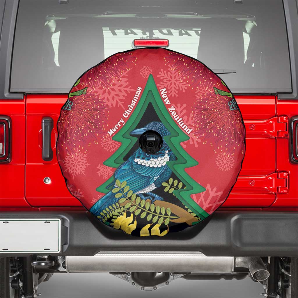 New Zealand Christmas In July Spare Tire Cover Kowhai Tui Bird With Pohutukawa - Red LT14 - Polynesian Pride