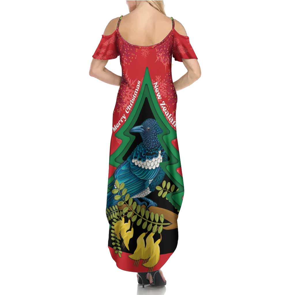 New Zealand Christmas In July Summer Maxi Dress Kowhai Tui Bird With Pohutukawa - Red LT14 - Polynesian Pride