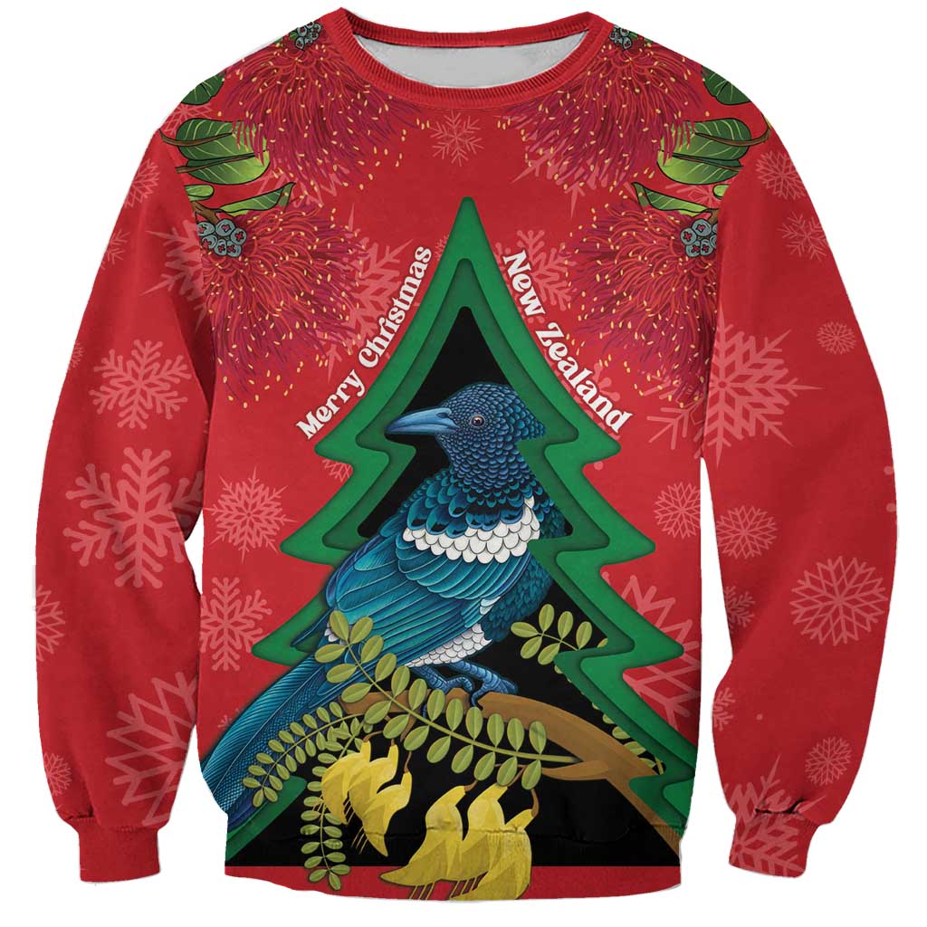 New Zealand Christmas In July Sweatshirt Kowhai Tui Bird With Pohutukawa - Red LT14 Unisex Red - Polynesian Pride