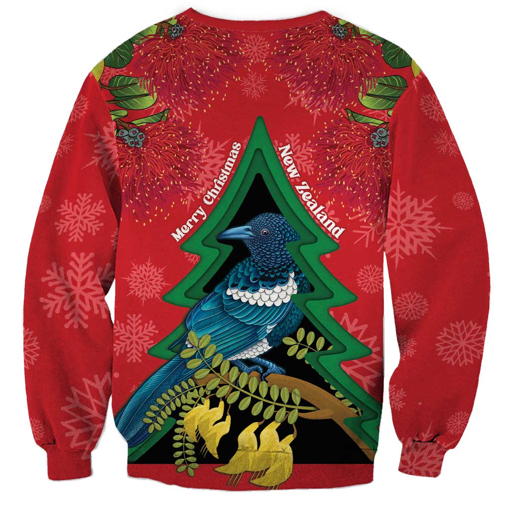New Zealand Christmas In July Sweatshirt Kowhai Tui Bird With Pohutukawa - Red LT14 - Polynesian Pride