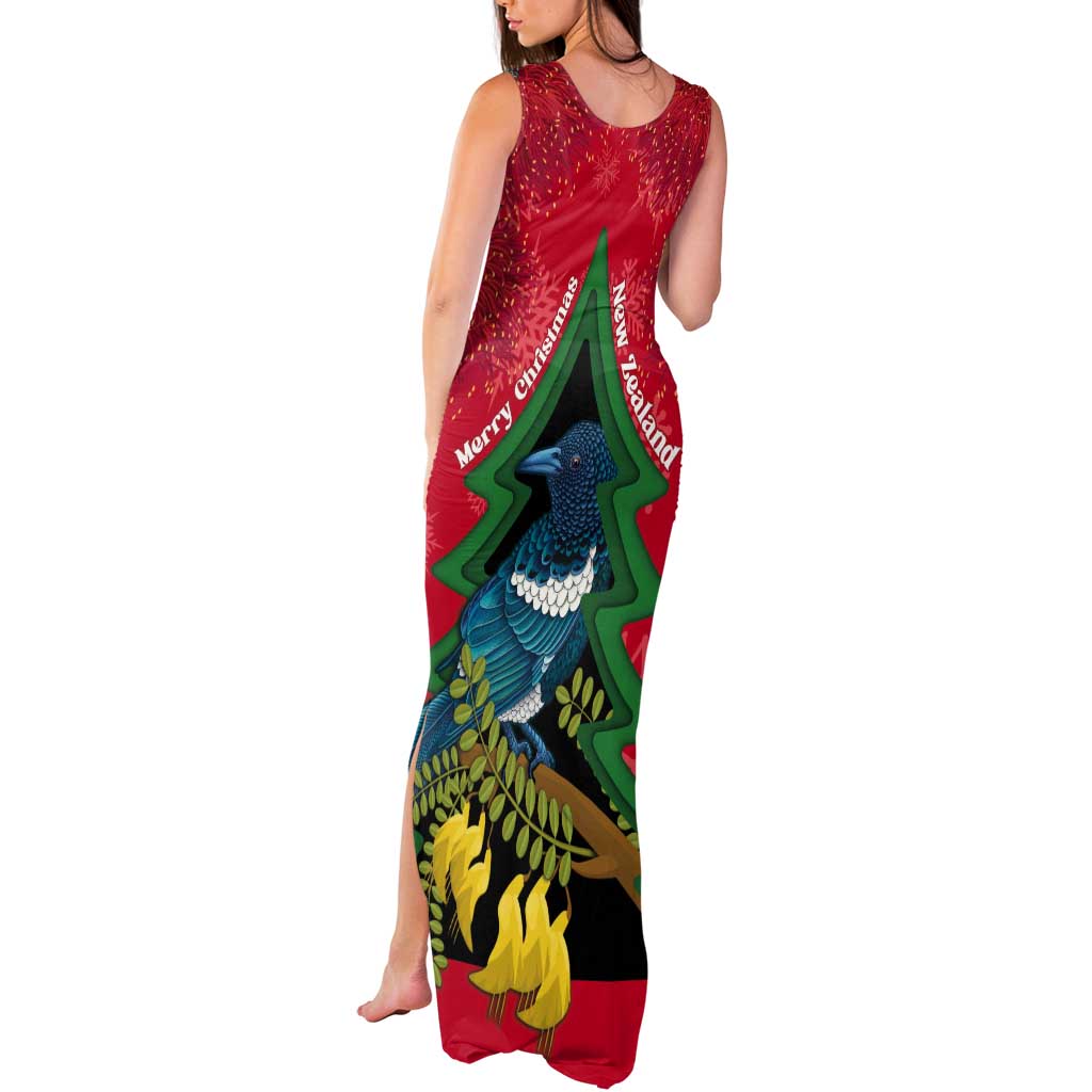 New Zealand Christmas In July Tank Maxi Dress Kowhai Tui Bird With Pohutukawa - Red LT14 - Polynesian Pride