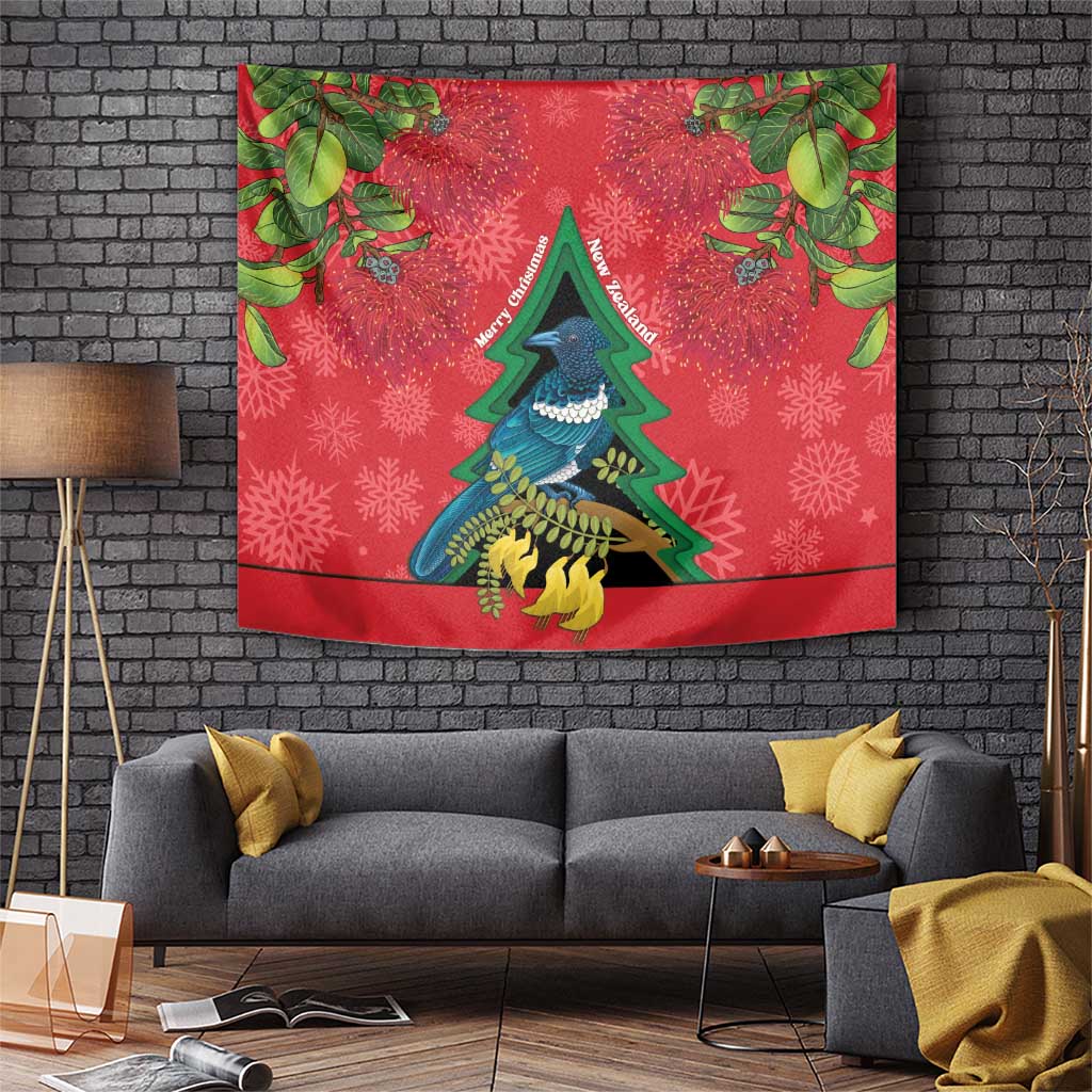 New Zealand Christmas In July Tapestry Kowhai Tui Bird With Pohutukawa - Red LT14 Red - Polynesian Pride