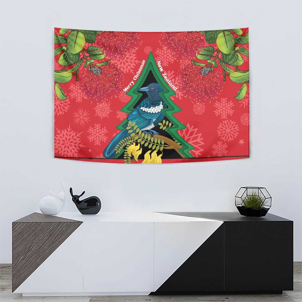 New Zealand Christmas In July Tapestry Kowhai Tui Bird With Pohutukawa - Red LT14 - Polynesian Pride