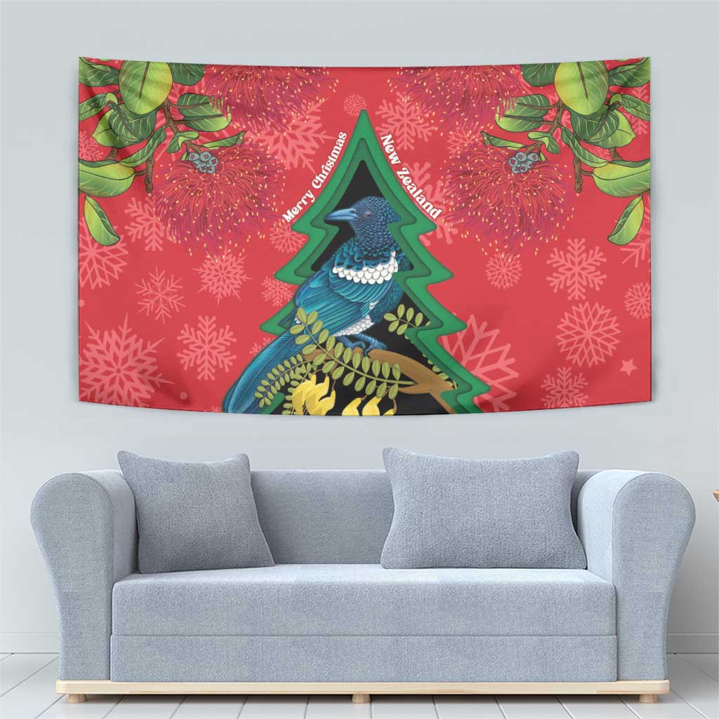 New Zealand Christmas In July Tapestry Kowhai Tui Bird With Pohutukawa - Red LT14 - Polynesian Pride
