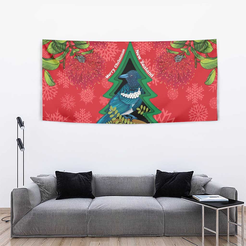 New Zealand Christmas In July Tapestry Kowhai Tui Bird With Pohutukawa - Red LT14 - Polynesian Pride