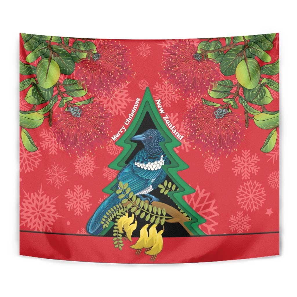 New Zealand Christmas In July Tapestry Kowhai Tui Bird With Pohutukawa - Red LT14 - Polynesian Pride