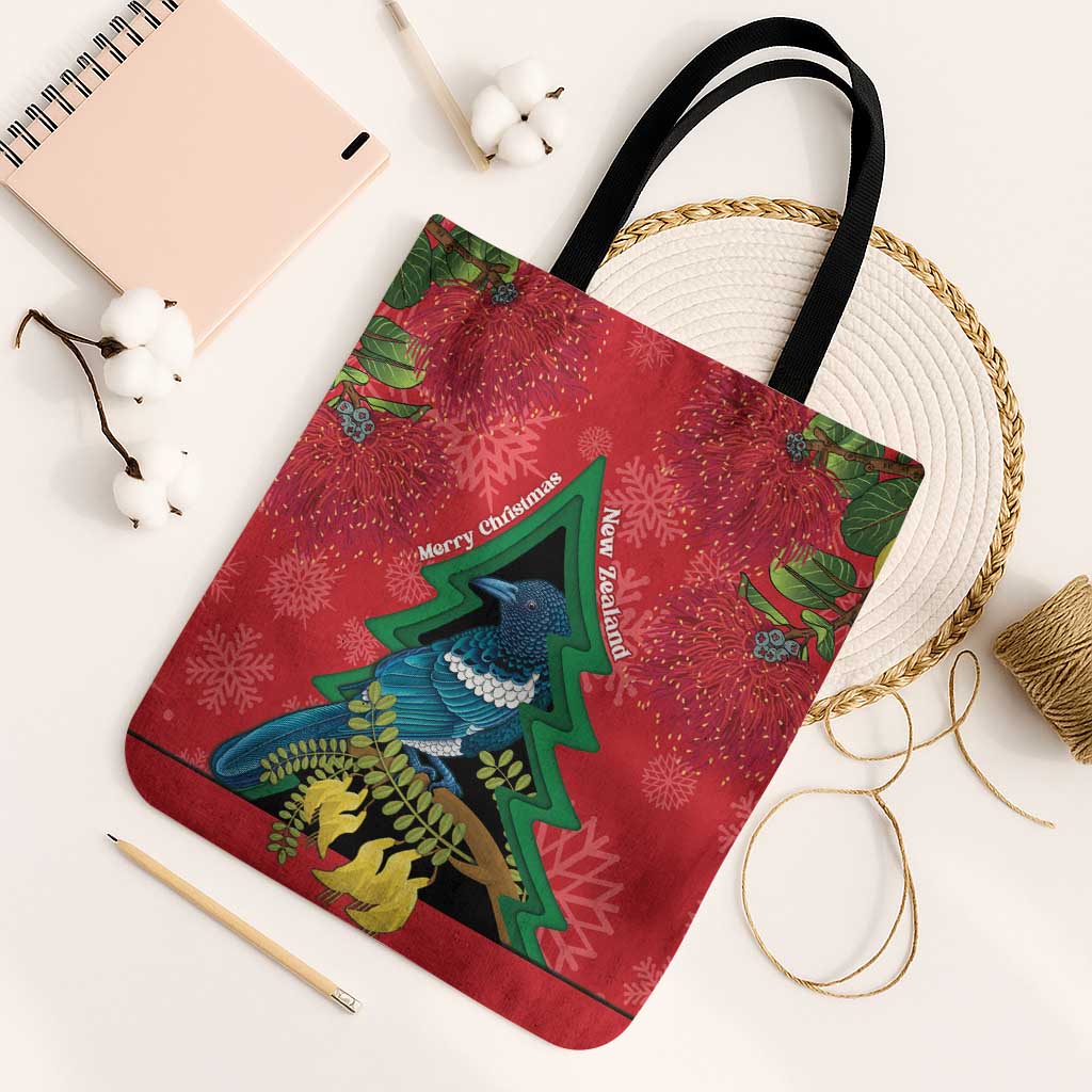New Zealand Christmas In July Tote Bag Kowhai Tui Bird With Pohutukawa - Red LT14 Black Strap One Size Red - Polynesian Pride