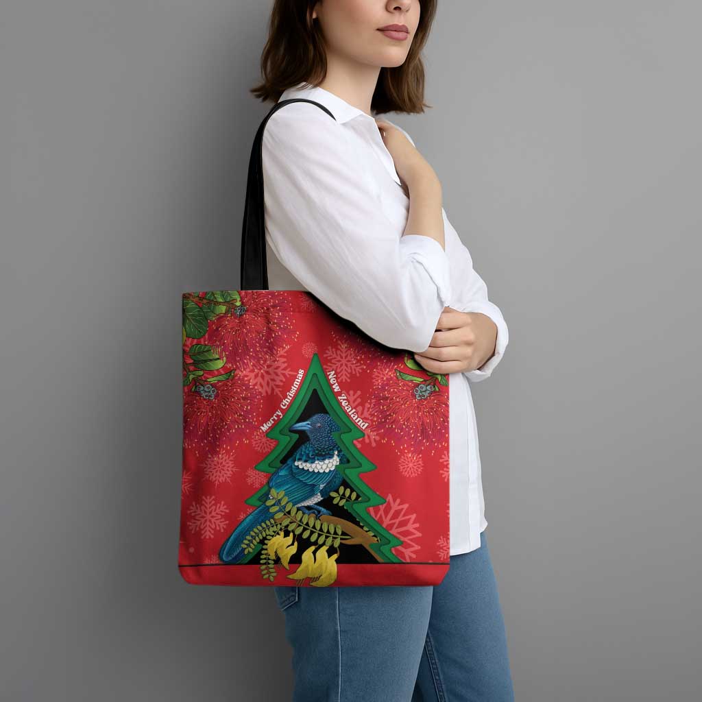 New Zealand Christmas In July Tote Bag Kowhai Tui Bird With Pohutukawa - Red LT14 - Polynesian Pride