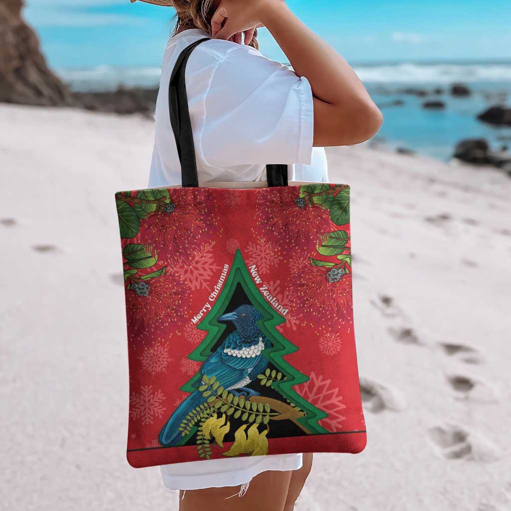 New Zealand Christmas In July Tote Bag Kowhai Tui Bird With Pohutukawa - Red LT14 - Polynesian Pride