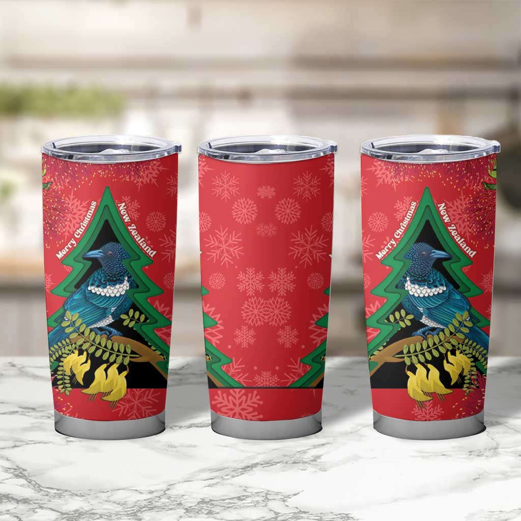 New Zealand Christmas In July Tumbler Cup Kowhai Tui Bird With Pohutukawa - Red LT14 - Polynesian Pride