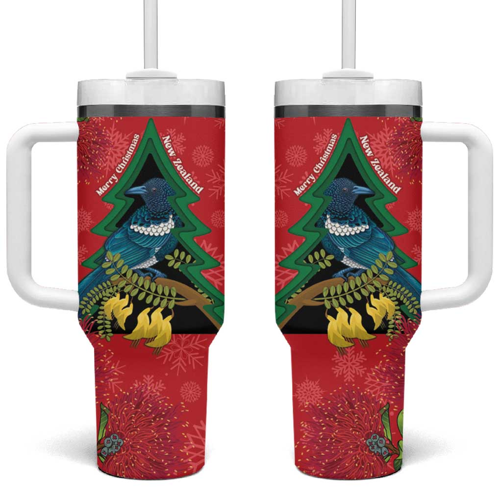 New Zealand Christmas In July Tumbler With Handle Kowhai Tui Bird With Pohutukawa - Red LT14 One Size: 40 oz Red - Polynesian Pride