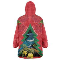 New Zealand Christmas In July Wearable Blanket Hoodie Kowhai Tui Bird With Pohutukawa - Red LT14 - Polynesian Pride