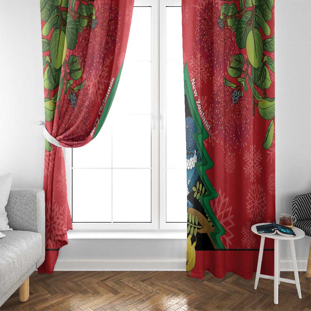 New Zealand Christmas In July Window Curtain Kowhai Tui Bird With Pohutukawa - Red LT14 - Polynesian Pride