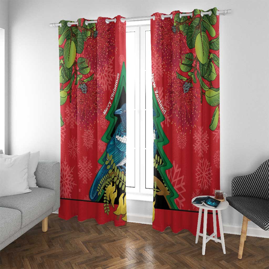 New Zealand Christmas In July Window Curtain Kowhai Tui Bird With Pohutukawa - Red LT14 With Grommets Red - Polynesian Pride