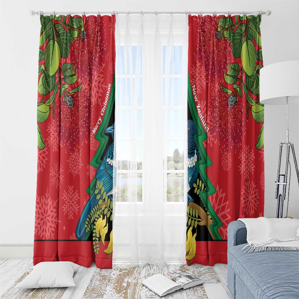 New Zealand Christmas In July Window Curtain Kowhai Tui Bird With Pohutukawa - Red LT14 - Polynesian Pride