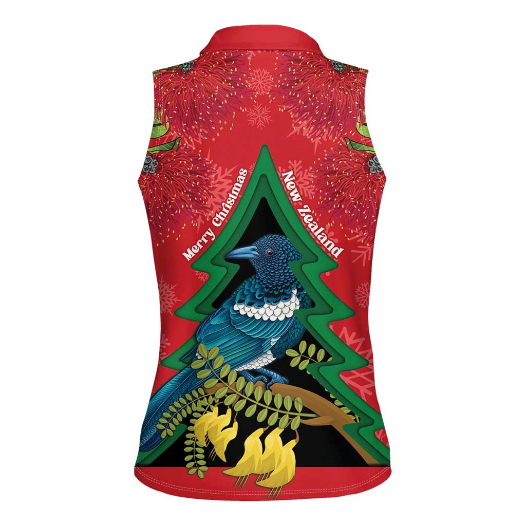 New Zealand Christmas In July Women Sleeveless Polo Shirt Kowhai Tui Bird With Pohutukawa - Red LT14 - Polynesian Pride