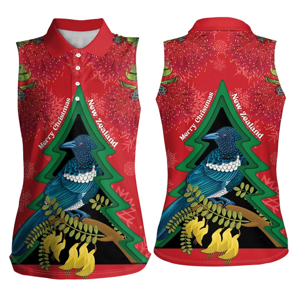 New Zealand Christmas In July Women Sleeveless Polo Shirt Kowhai Tui Bird With Pohutukawa - Red LT14 - Polynesian Pride