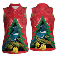 New Zealand Christmas In July Women Sleeveless Polo Shirt Kowhai Tui Bird With Pohutukawa - Red LT14 - Polynesian Pride