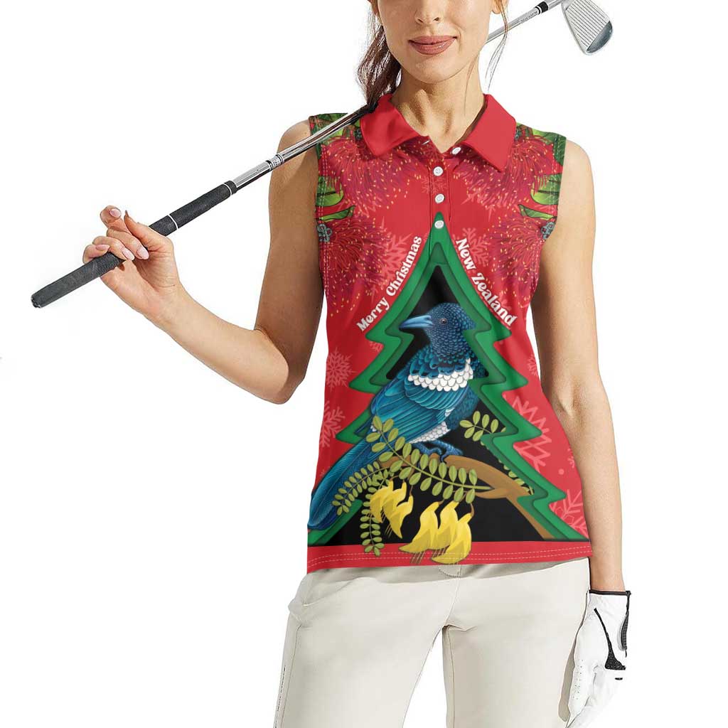 New Zealand Christmas In July Women Sleeveless Polo Shirt Kowhai Tui Bird With Pohutukawa - Red LT14 - Polynesian Pride