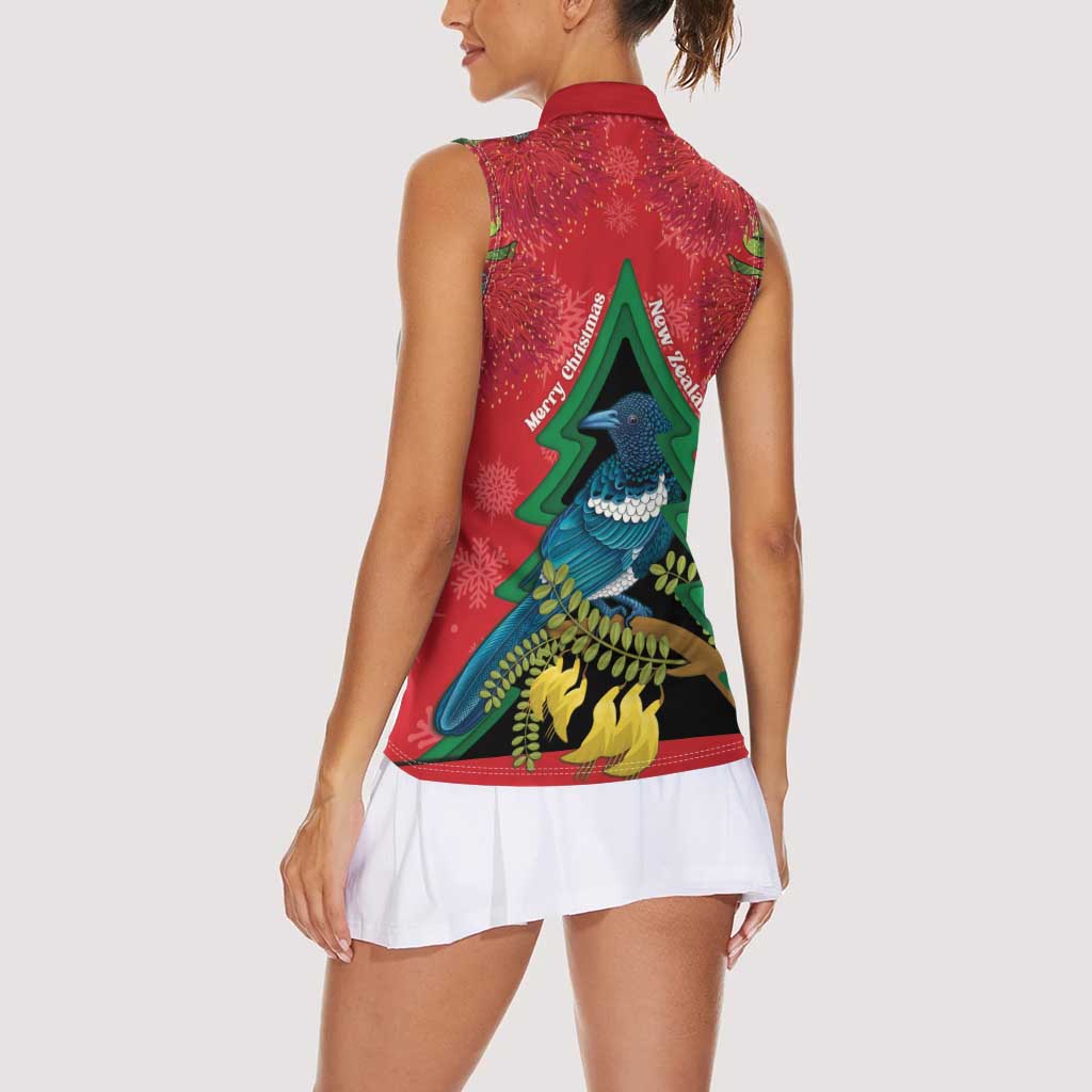 New Zealand Christmas In July Women Sleeveless Polo Shirt Kowhai Tui Bird With Pohutukawa - Red LT14 - Polynesian Pride