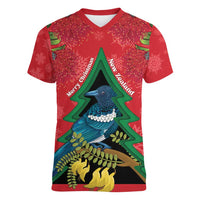 New Zealand Christmas In July Women V-Neck T-Shirt Kowhai Tui Bird With Pohutukawa - Red LT14 Female Red - Polynesian Pride