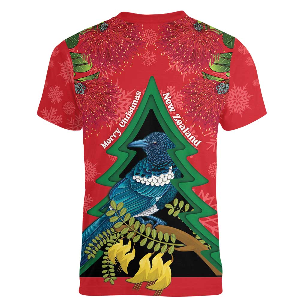 New Zealand Christmas In July Women V-Neck T-Shirt Kowhai Tui Bird With Pohutukawa - Red LT14 - Polynesian Pride