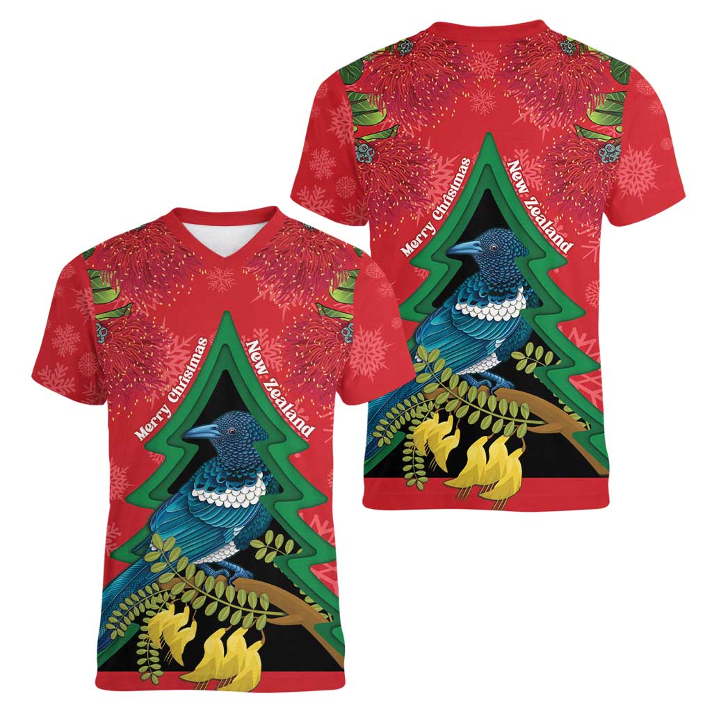New Zealand Christmas In July Women V-Neck T-Shirt Kowhai Tui Bird With Pohutukawa - Red LT14 - Polynesian Pride