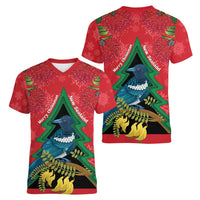 New Zealand Christmas In July Women V-Neck T-Shirt Kowhai Tui Bird With Pohutukawa - Red LT14 - Polynesian Pride