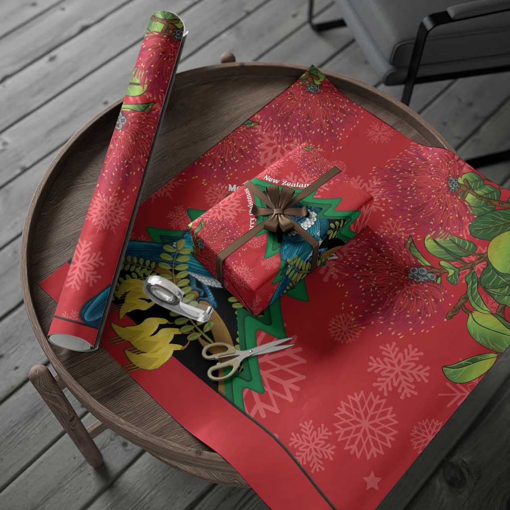 New Zealand Christmas In July Wrapping Paper Kowhai Tui Bird With Pohutukawa - Red LT14 - Polynesian Pride