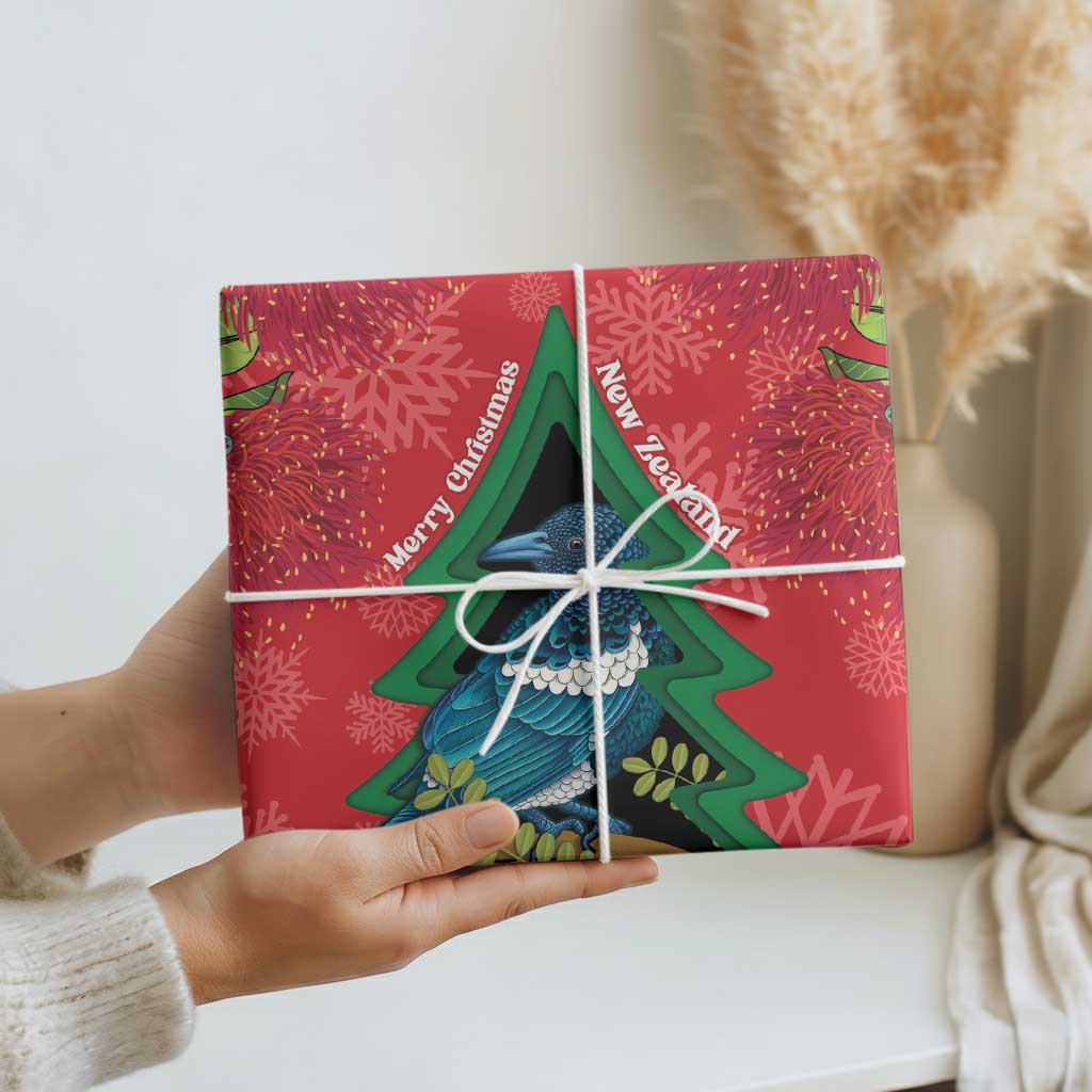New Zealand Christmas In July Wrapping Paper Kowhai Tui Bird With Pohutukawa - Red LT14 - Polynesian Pride