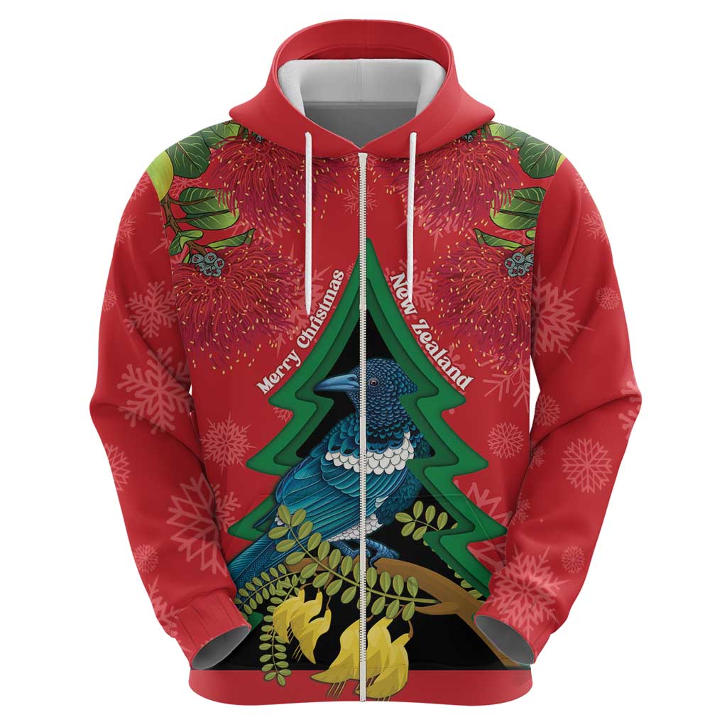 New Zealand Christmas In July Zip Hoodie Kowhai Tui Bird With Pohutukawa - Red LT14 - Polynesian Pride