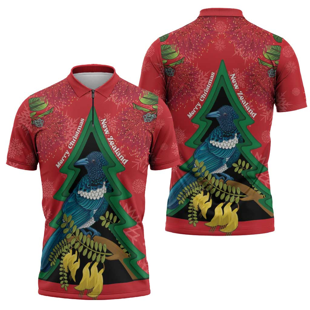 New Zealand Christmas In July Zipper Polo Shirt Kowhai Tui Bird With Pohutukawa - Red LT14 - Polynesian Pride