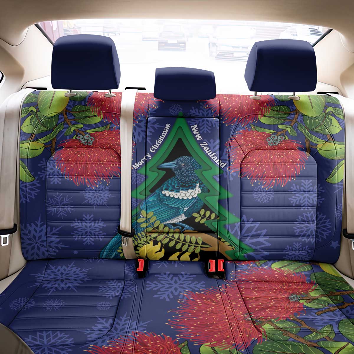 New Zealand Christmas In July Back Car Seat Cover Kowhai Tui Bird With Pohutukawa - Blue LT14 - Polynesian Pride