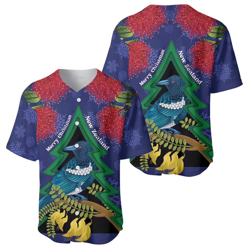 New Zealand Christmas In July Baseball Jersey Kowhai Tui Bird With Pohutukawa - Blue LT14 - Polynesian Pride