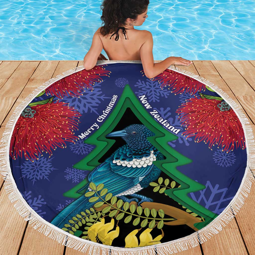 New Zealand Christmas In July Beach Blanket Kowhai Tui Bird With Pohutukawa - Blue LT14 - Polynesian Pride