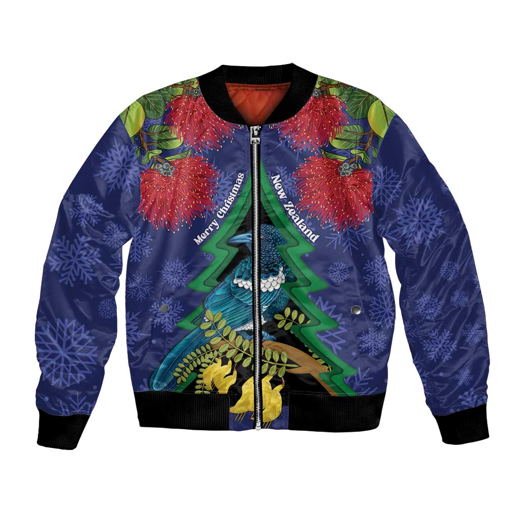 New Zealand Christmas In July Bomber Jacket Kowhai Tui Bird With Pohutukawa - Blue LT14 Unisex Blue - Polynesian Pride