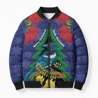 New Zealand Christmas In July Bomber Puffer Jacket Kowhai Tui Bird With Pohutukawa - Blue LT14 Unisex Blue - Polynesian Pride