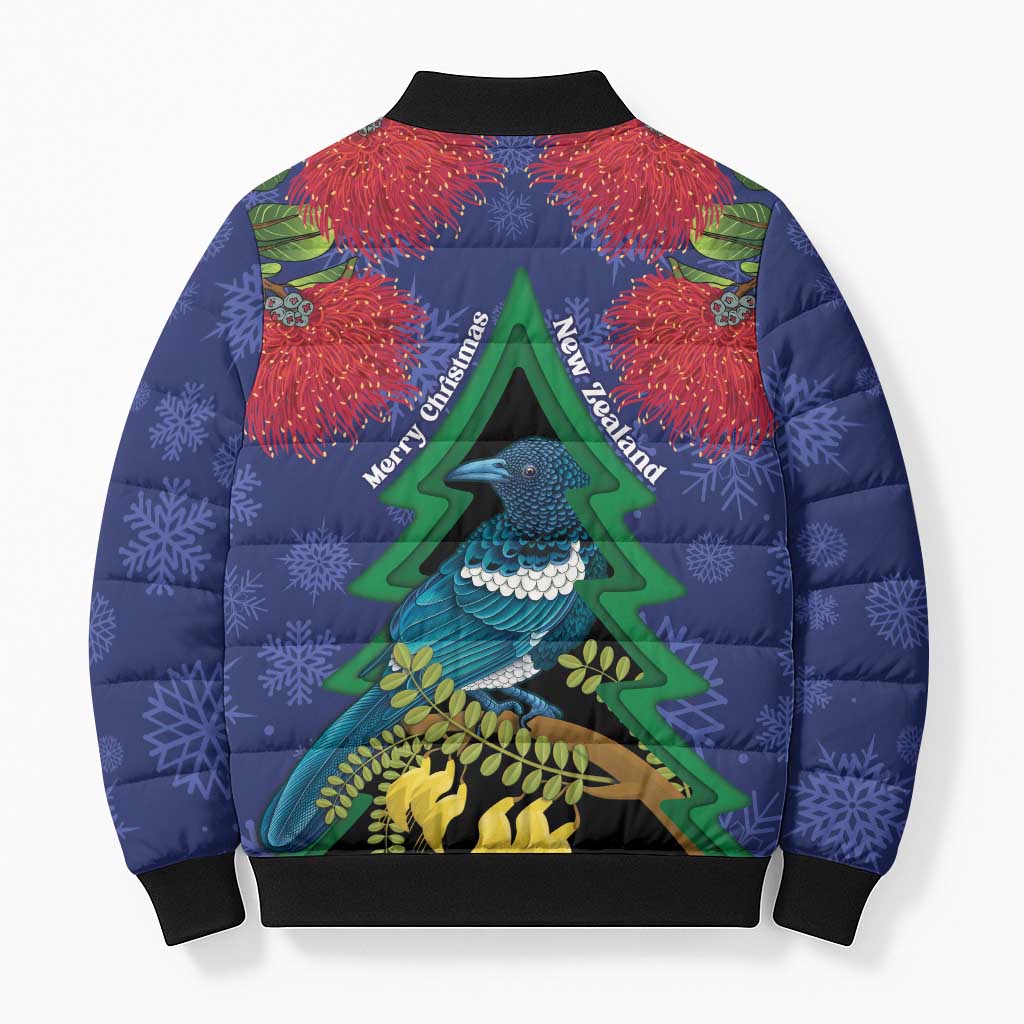 New Zealand Christmas In July Bomber Puffer Jacket Kowhai Tui Bird With Pohutukawa - Blue LT14 - Polynesian Pride
