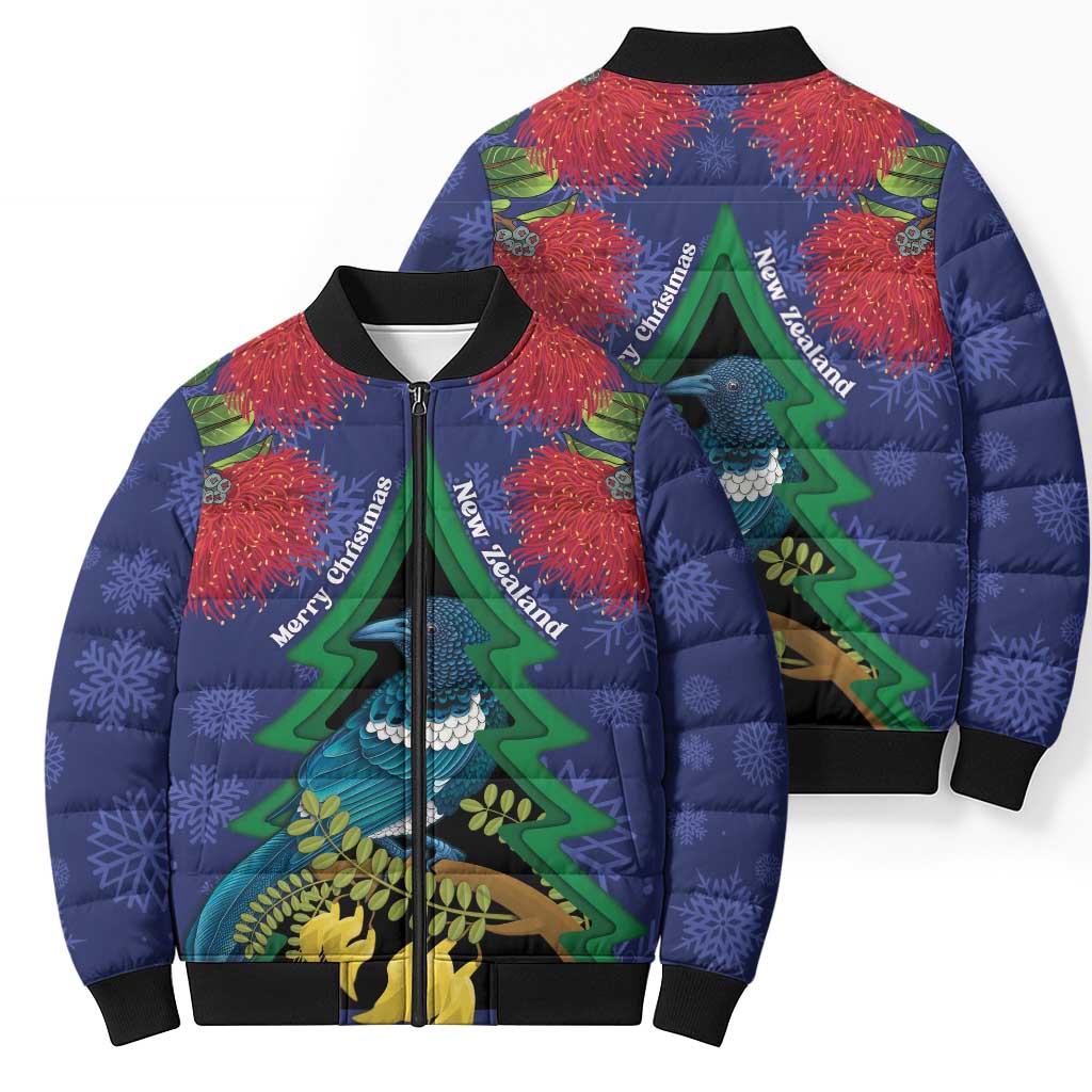 New Zealand Christmas In July Bomber Puffer Jacket Kowhai Tui Bird With Pohutukawa - Blue LT14 - Polynesian Pride