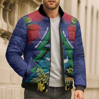New Zealand Christmas In July Bomber Puffer Jacket Kowhai Tui Bird With Pohutukawa - Blue LT14 - Polynesian Pride