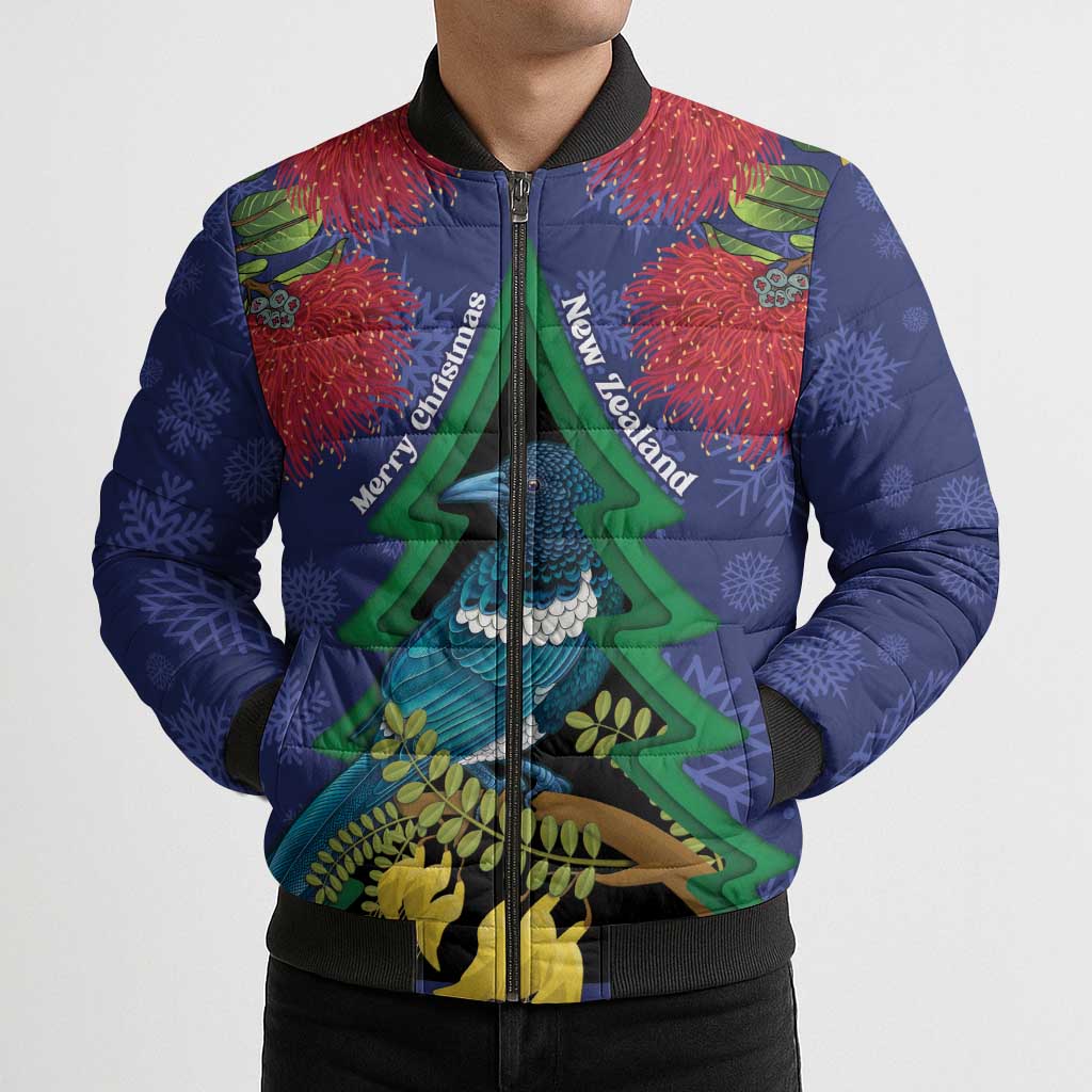 New Zealand Christmas In July Bomber Puffer Jacket Kowhai Tui Bird With Pohutukawa - Blue LT14 - Polynesian Pride